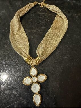Gold-Tone Statement Cross Necklace with White Gem Accents